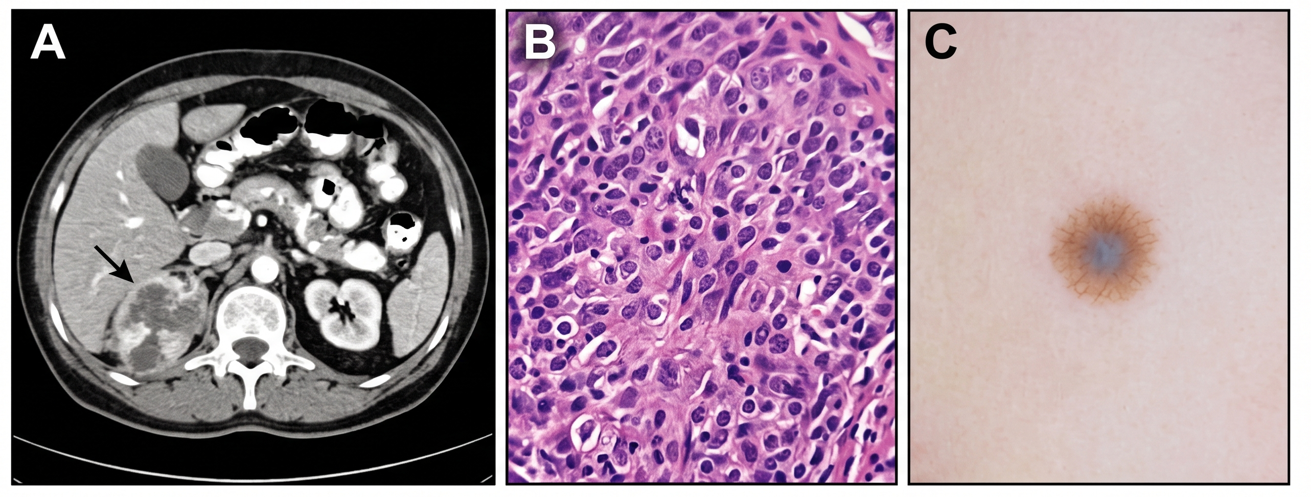 A multi-panel biomedical compound figure with radiology, microscopy, and photography panels