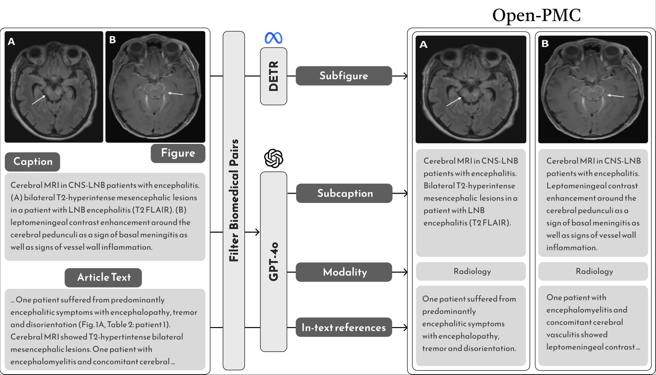 The full Open-PMC data pipeline: download and parse figure-caption pairs from PubMed Central, decompose compound figures into subfigures, pair and filter for clinical relevance, then contrastively pretrain vision and text encoders.